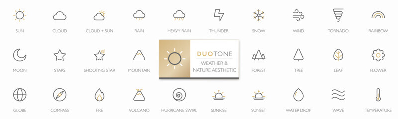 Naklejka premium Minimal duotone line icon set featuring generic weather and nature symbols modern style. Includes sun, cloud, rain, snow, thunder, tornado, moon, stars for user interface. Editable Stroke