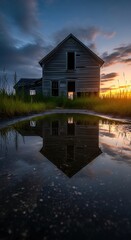 Fototapeta premium Abandoned House Reflection at Sunset - A Hauntingly Beautiful Scene.
