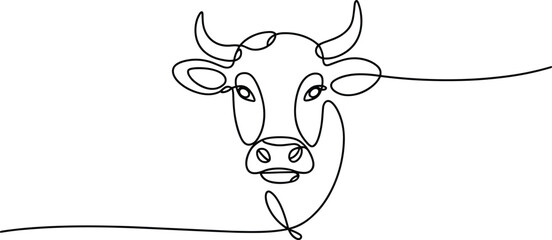Black and white line of a cow head with horns and a hanging tongue