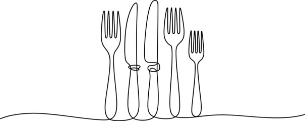 Five Forks and Knives Standing on a Table cutlery tableware