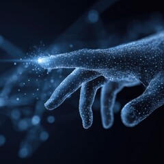 Networked hand with glowing fingertip set against a dark background displays intricate digital connectivity
