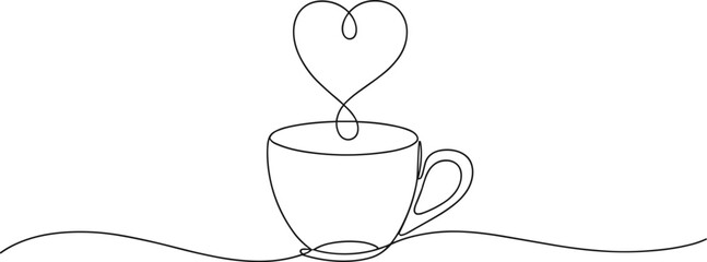 Heart Shaped Steam Rising from Coffee Cup line black and white