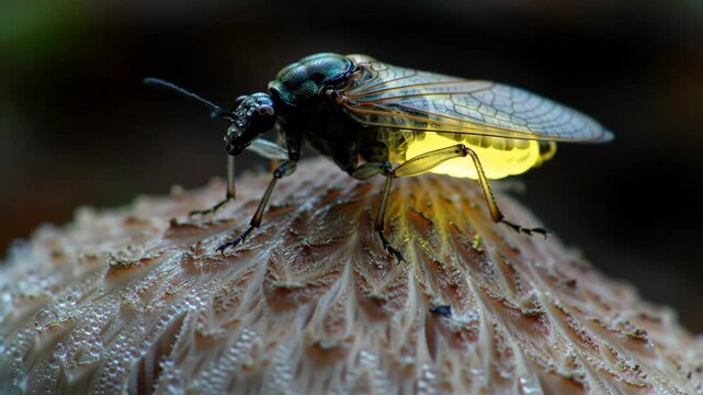 Firefly resting on mushroom, glowing bioluminescence with blurred forest background. For nature, science articles
