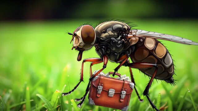 Fly carrying a briefcase on grass, a humorous concept for business, work or travel imagery