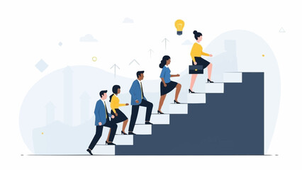 Diverse group of professionals ascending stairs towards success and innovation.