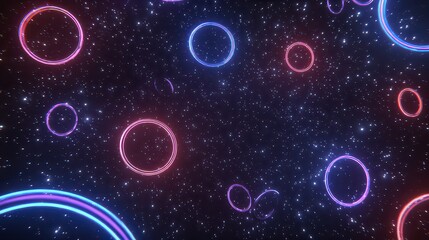Abstract Digital Artwork of Illuminated Floating Circles Against a Starry Dark Background Displaying Glowing Rings and Speckled Lights