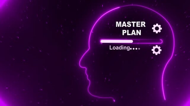 Human Head Profile With Master Plan loading in Mind. Business creativity and Innovation concept. 4k video Abstract Illustration for creative thinking, strategic planning technology, Futuristic vision.