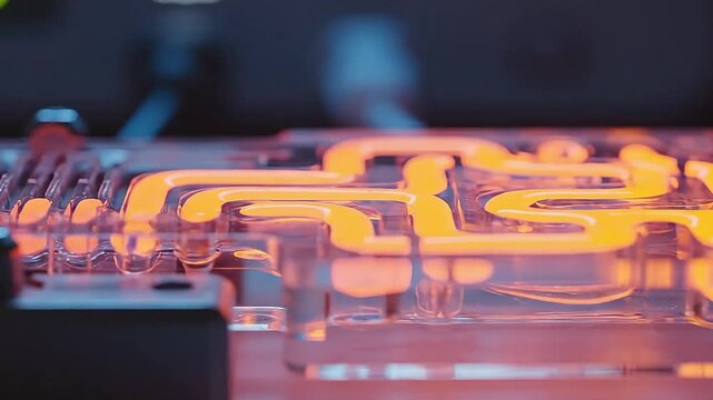 Macro view of glowing orange liquid flowing into microfluidic chip channels in science laboratory