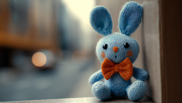A cute blue knitted bunny with an orange bow