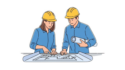 Two engineers collaborating on a construction project, examining blueprints together