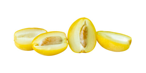 Fresh ripe yellow Barhi date palm fruits in halves in stack isolated with clipping path in png file format Concept of iftar food in Ramadan for Muslims