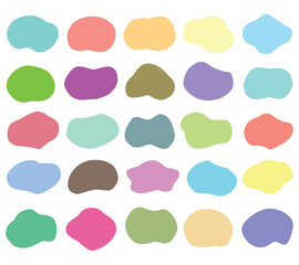 A collection of colorful abstract organic blob shapes arranged on a clean white background.