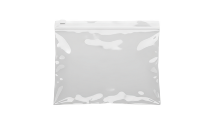 A clear plastic ziplock bag with a white background and shiny reflective surface