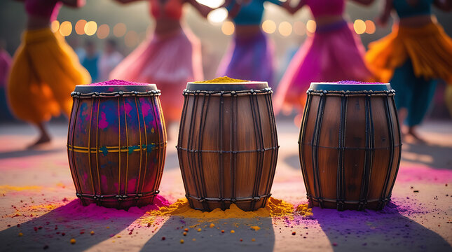 Holi Festival Drums with Colorful Powder and Dancing Crowd