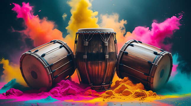 Holi Festival Drums with Color Powder Explosion