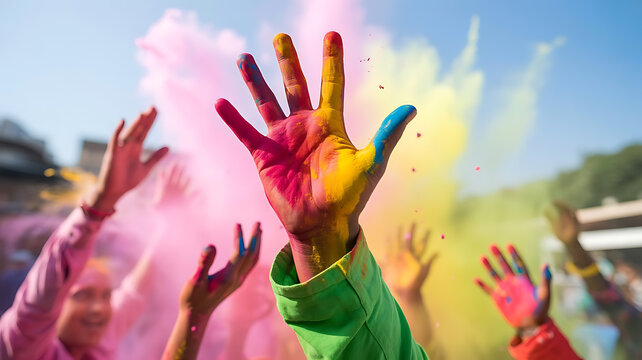 Holi Festival Celebration with Raised Hand Covered in Colorful Powder
