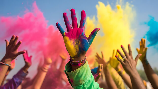 Holi Festival Celebration with Raised Hand Covered in Colorful Powder
