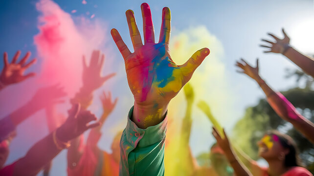 Holi Festival Celebration with Raised Hand Covered in Colorful Powder