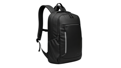 A black backpack with multiple pockets and zippers is shown on a white background.