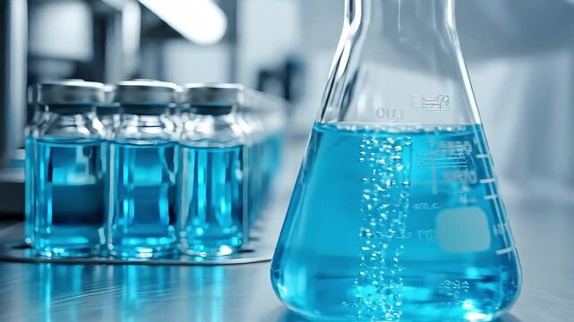 Blue chemical liquid bubbling in glass conical flask with vials on table in modern science laboratory