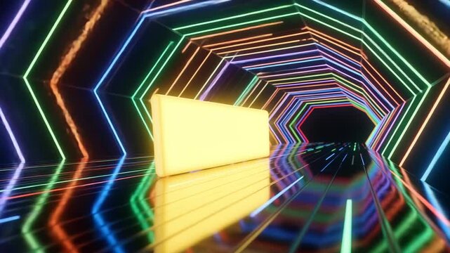 A glowing yellow rectangle in a futuristic tunnel with neon lights and a reflective floor leading to the distance, 4k video