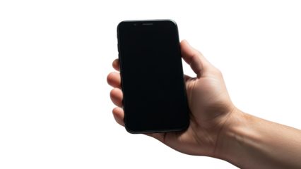 A hand holds a smartphone horizontally with a blank screen in a neutral environment.