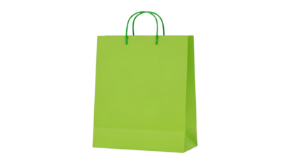 A green paper shopping bag with handles stands alone on a white background indoors.