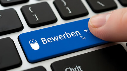Fototapeta premium Finger pressing bewerben key on a keyboard with blue highlighted button