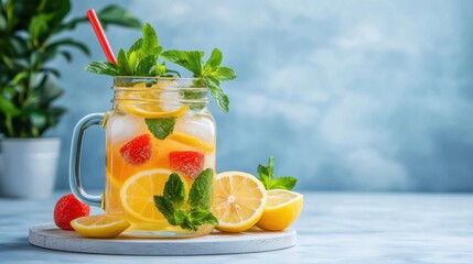 Fototapeta premium Refreshing Lemonade with Strawberries and Mint in Mason Jar