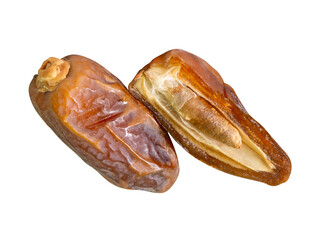 Ripe dried date palm fruit witth half in stack isolated with clipping path in png file format Concept of iftar food in Ramadan month for Muslims