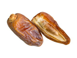 Ripe dried date palm fruit witth half in stack isolated with clipping path in png file format Concept of iftar food in Ramadan month for Muslims