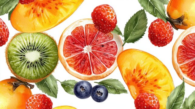 Colorful Watercolor Fruit Arrangement with Berries and Leaves - Powered by Adobe