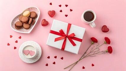 Cute Pink Valentine's Day Morning Breakfast and Gift Background