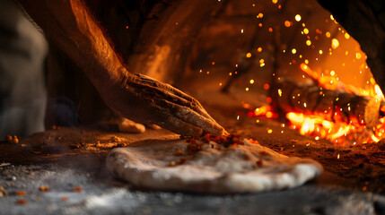 Fototapeta premium Baker baking traditional naan bread in hot clay tandoor oven with fire.
