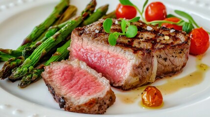 Grilled Steak Served with Asparagus and Cherry Tomatoes on Plate