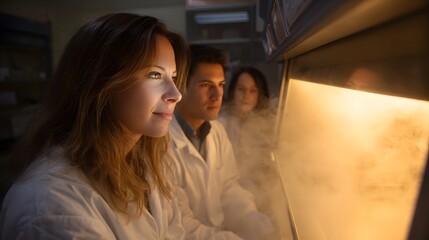 Naklejka premium Three scientists in lab coats examine a fume hood with vapor during a laboratory experiment
