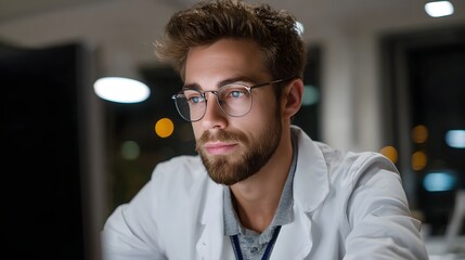 Obraz premium Focused scientist wearing glasses working late on a computer in a laboratory at dawn