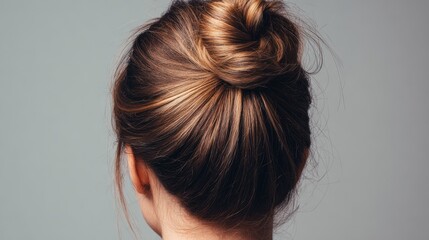 Naklejka premium Rear view of woman with brown hair in a neat bun on gray background, minimalist portrait highlighting hairstyle and elegant profile