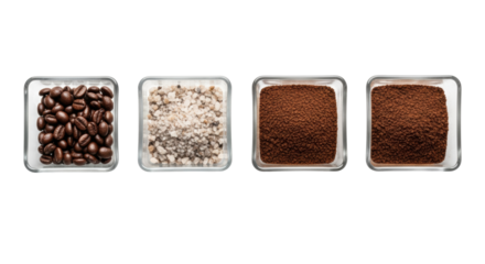 Four clear square dishes sequentially displaying arabica coffee from whole beans to ultra-fine espresso powder; transparent background, flat lay macro photography. Concept of coffee transformation
