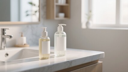 Fototapeta premium Clean and modern skincare bottle mockup displayed on a marble bathroom countertop. Transparent pump bottles with blank labels, soft natural light, minimalist interior design, ideal for cosmetic brandi