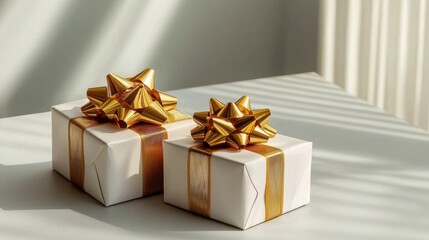 Obraz premium Elegant Wrapped Gifts with Golden Bows on a Bright Surface