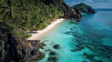 Obraz premium Stunning aerial view of a pristine beach with turquoise waters, lush green vegetation, and rocky cliffs