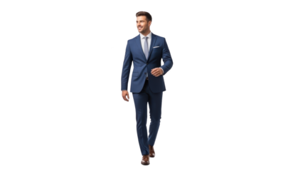 A businessman in a blue suit walks confidently in an office setting with a white background.