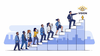 Diverse group of professionals ascending stairs towards a bright future.