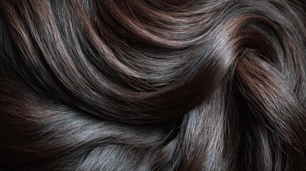 Naklejka premium Close-up of healthy, shiny dark female hair with natural texture, highlighting smooth strands, volume, and glossy shine for beauty, hair care, and hairstyling concepts