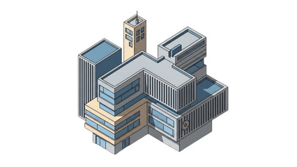 Fototapeta premium Isometric illustration of a modern office building complex with multiple structures and a prominent tower