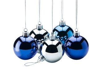 Highly reflective blue and silver Christmas baubles clustered together, suspended for holiday decoration and festive winter design projects.
