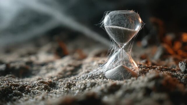 Hourglass covered in cobwebs with sand flowing through the glass against a dark blurred background