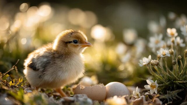 Newborn chick stands by a broken eggshell amidst small white wildflowers and glowing bokeh