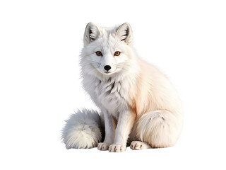 Obraz premium Majestic Arctic Fox with thick white winter coat and striking amber eyes sitting calmly, isolated on a transparent background